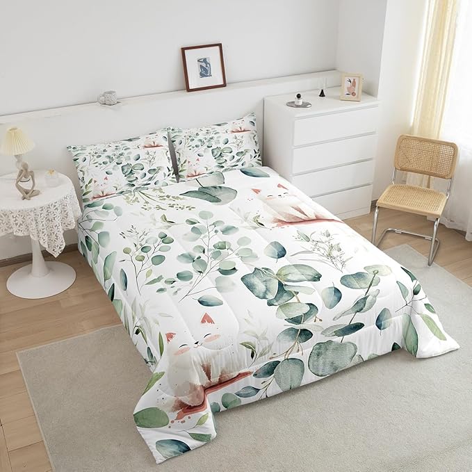 Erosebridal Kawaii Cat Bedding King Size for Boys Girls Cartoon Animal Comforter Set King, Eucalyptus Leaves Duvet Insert Pet Kitten Quilt Set, Tropical Botanical Plants Bedding Comforters & Sets