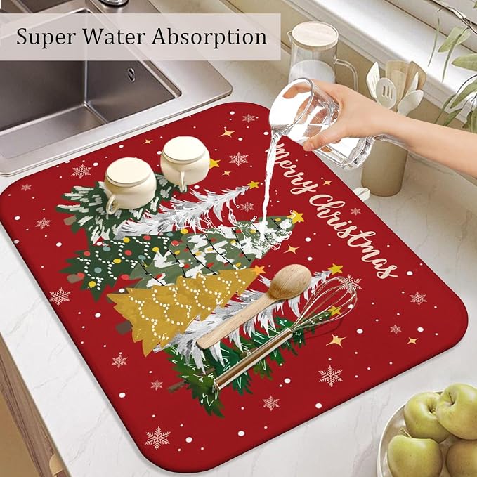 Christmas Kitchen Countertop Dish Drying Mat, Washable Absorbent Countertop - Image 5