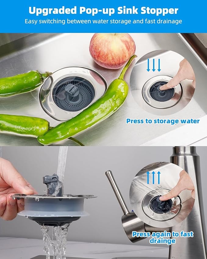 Hibbent 2 Pack 3 in 1 Kitchen Sink Drain Strainer and Stopper Combo, Chrome - Image 3
