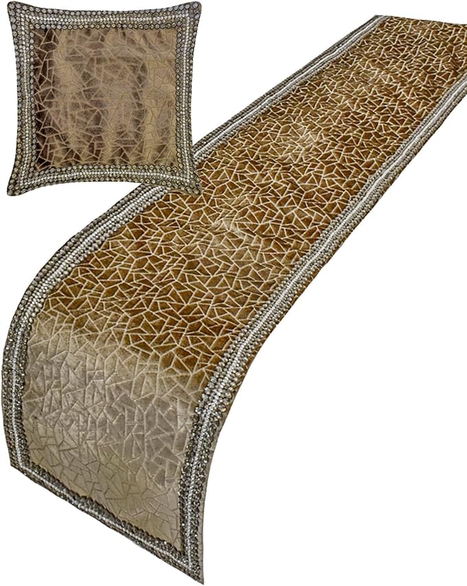 The HomeCentric King/Queen/Twin Brown Decorative Bed Runner Full 68"x18" Bed Runner with Two Pillow Cover, Border, Crystal, Cut Velvet, Mosiac Pattern Bed Scarf on Velvet Fabric - Velvet Fusion