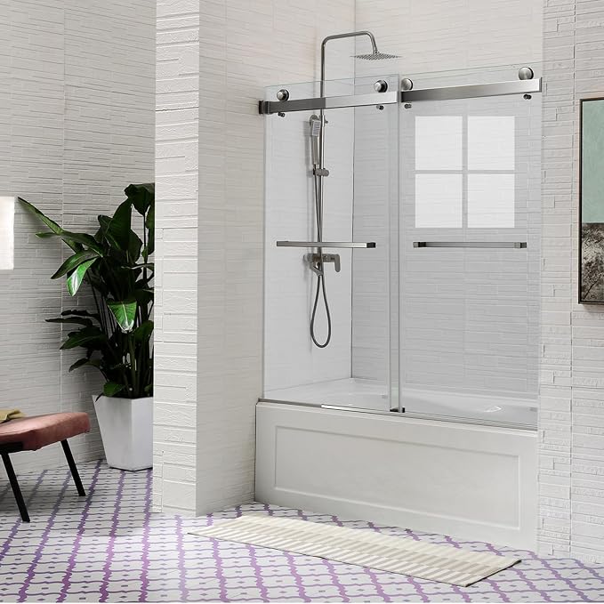 Brushed Nickel Frameless Double Sliding Shower Door 56-60'' W x 62'' H by Glazenclos