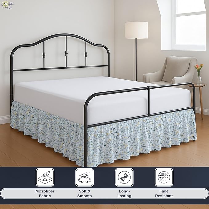 Cottington Lane Ruffled Bed Skirt Full Size with Split Corner, Brushed Microfiber Hotel Quality Dust Ruffle, 15 Inch Drop Gathered Bedskirt, Soft, Stylish, Shrink & Fade Resistant, Garden Bloom