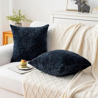 Decorative Throw Pillow Covers 20x20 Inch Set of 2, Soft Solid Farmhouse Chenille Couch Pillows, Spring Pillow Covers for Couch Sofa Bed Living Room Home Decor Pillowcase, Dark Blue