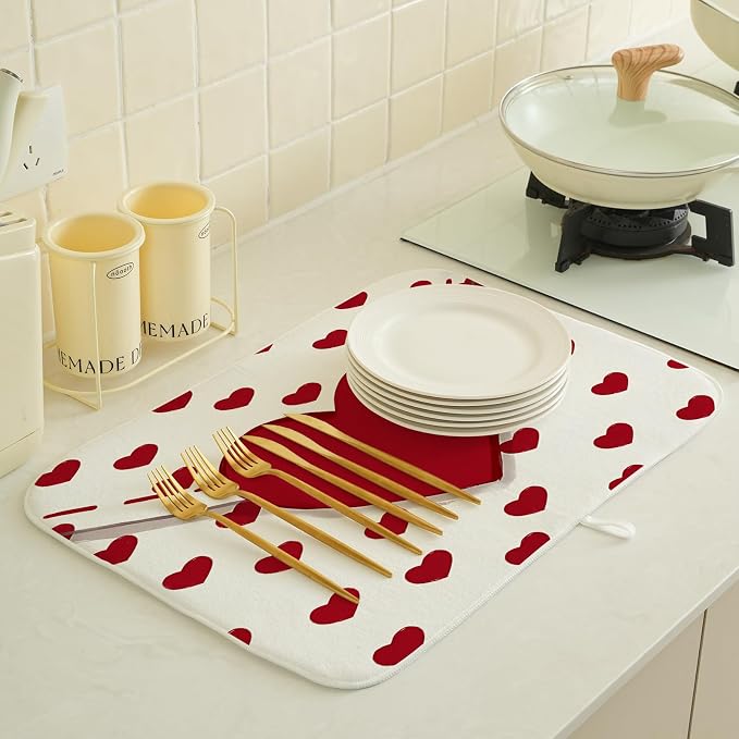 Valentines Dish Drying Mat 18x24 Inch Red Hearts Dish Drainer Protector Pad - Image 2