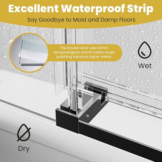 Shower Door 68–72 in W x 76 in H, Matte Black, 3/8" Tempered Glass Panel - Image 5