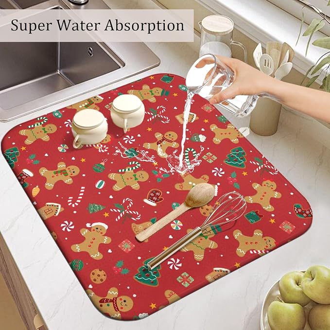 Christmas Kitchen Countertop Dish Drying Mat, Washable Absorbent Countertop - Image 5