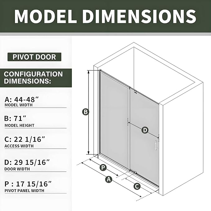 Pivot Glass Shower Door, 44–48" W x 71" H, 1/4" Clear SGCC Tempered Glass - Image 2