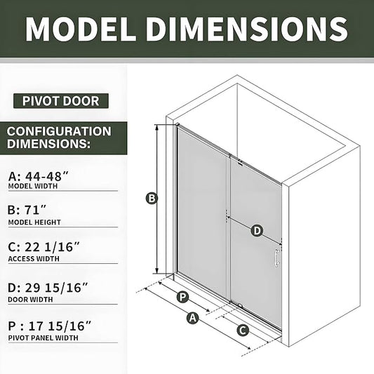 Pivot Glass Shower Door, 44–48" W x 71" H, 1/4" Clear SGCC Tempered Glass - Image 2