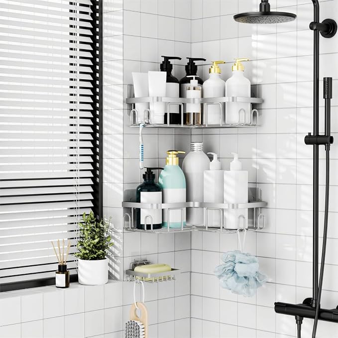 Moforoco Corner Shower Caddy Shelf Organizer Rack, Self Adhesive Black Bathroom - Image 5