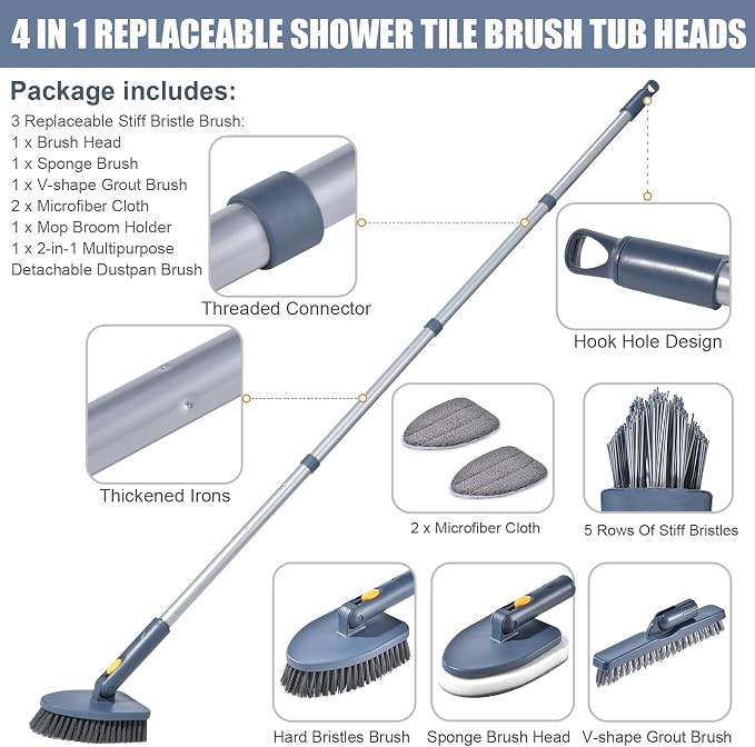 Shower Cleaning Brush, 4 in 1 Tile Tub Shower Scrubber - Image 4