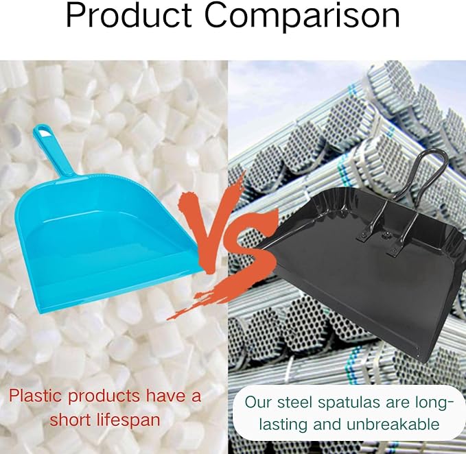 2 Pack Metal Dustpan and Brush Set - 12in Heavy Duty Steel Dust Pan - Image 4