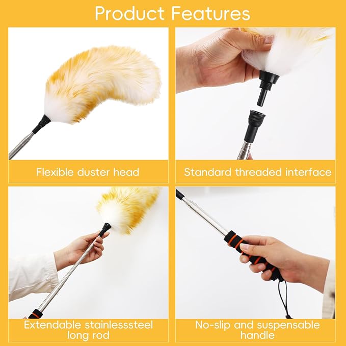 Lambswool Extendable Removable Duster 25-64 Inch Stainless Steel Extension Pole - Image 3