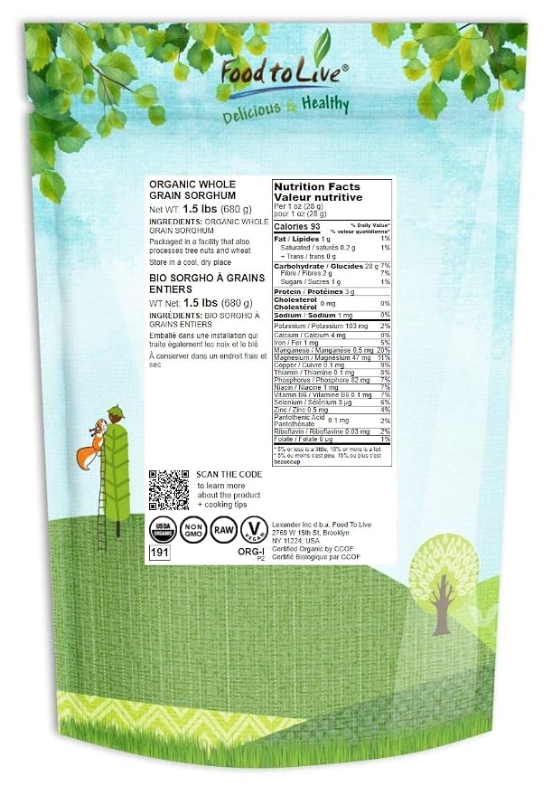 Food to Live Organic Italian White Whole Grain Sorghum, 1.5 Pounds — Non-GMO - Image 2