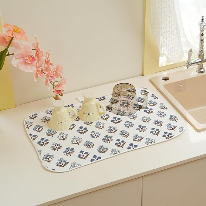 Blue Brown Block Print Dish Drying Mats 18x24 Inch Blue Brown Vintage Spring - Image 5