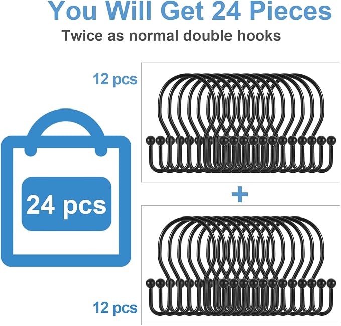 24 Pack Double Shower Curtain Hooks Rings, TENOVEL Double Sided Shower Curtain - Image 2