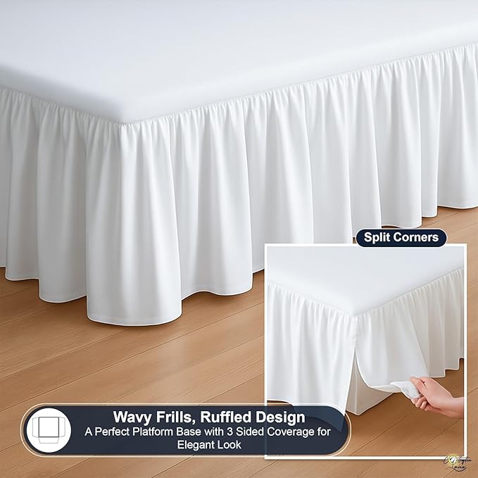 Cottington Lane Ruffled Bed Skirt King Size with Split Corner, Brushed Microfiber Hotel Quality White Dust Ruffle, 14 Inch Drop Gathered Bedskirt, Soft and Stylish, Shrinkage and Fade Resistant