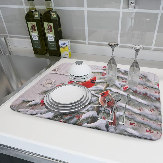 Red Birds Dish Drying Mat Winter Berry Dish Drainer Mats Absorbent Reversible - Image 6