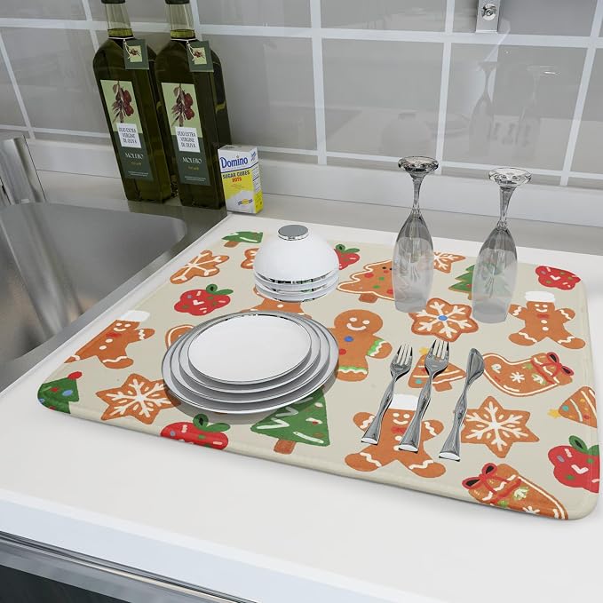 Christmas Dish Drying Mat for Kitchen Counter 18x24 Cute Gingerbread Themed - Image 6