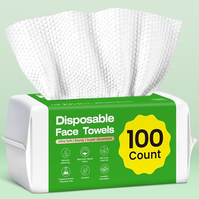 Elvira 100 Count Disposable Face Towels, Biodegradable Skincare Facial by Elvira