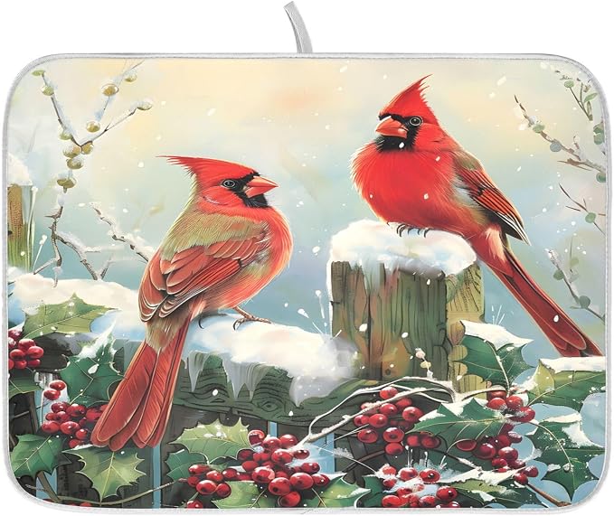 Winter Birds Snowflakes Berry Dish Drying Mat by ALAZA