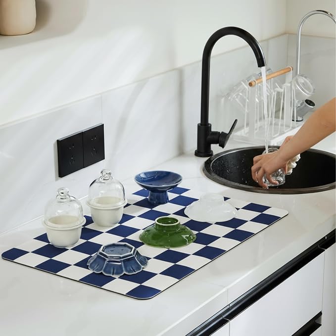 Checkered Dish Drying Mat for Kitchen Counter, Coffee Bar Station Accessories - Image 2