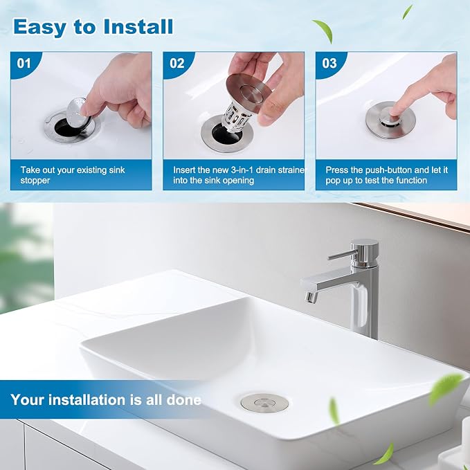 Hibbent 2 Pack Universal Bathroom Sink Drain Strainer, 3 in 1 Pop Up Stopper - Image 9
