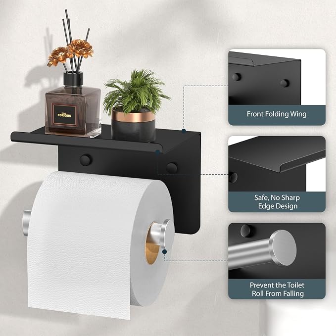 Toilet Paper Holder with Shelf, Adhesive or Screw Wall Mount Toilet Paper Roll - Image 3