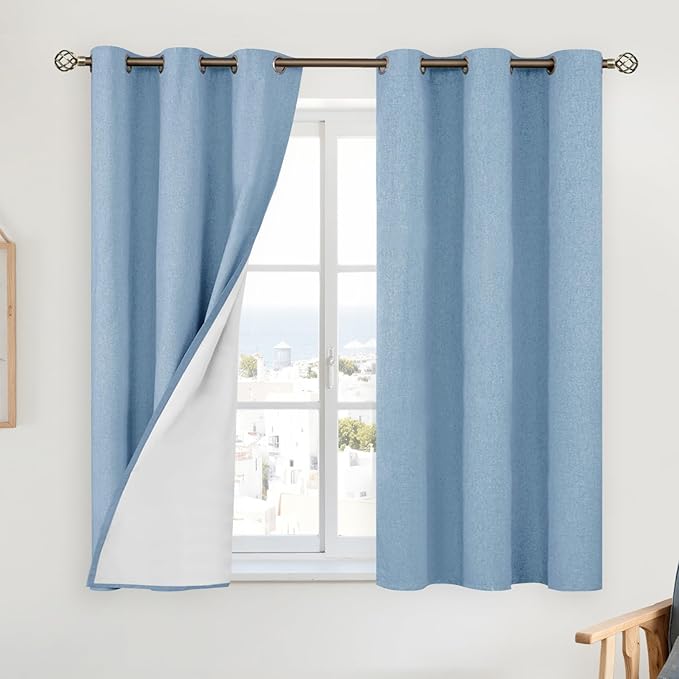 YoungsTex Light Blue Linen 100% Blackout Curtains 45 Inch Length, Short Thermal by YoungsTex