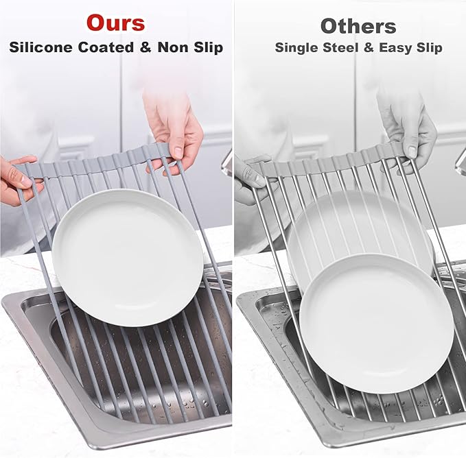 MERRYBOX Roll Up Over The Sink Dish Drying Rack Silicone Wrapped Foldable - Image 5