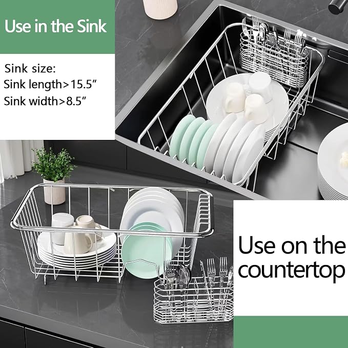 Small Dish Drainer Rack in Sink Adjustable, Expandable Stainless Steel Metal - Image 5