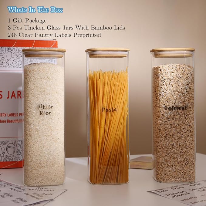 3 Pcs Square Glass Pantry Storage Containers - 74oz Thicken Glass Food Storage - Image 7