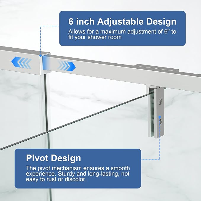 Semi Frameless Pivot Shower Door 36-42" W x 72" H, Swing Shower Glass Doors - Image 6