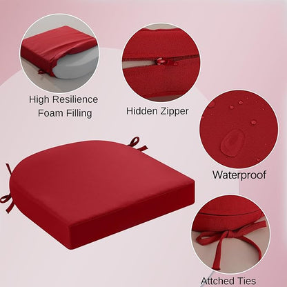 idee-home Outdoor Chair Cushions Set of 2, Thick 17" x 17" x 3" Outdoor Seat Cushion Patio Furniture Waterproof with Ties, Patio Chair Pads Dining Red