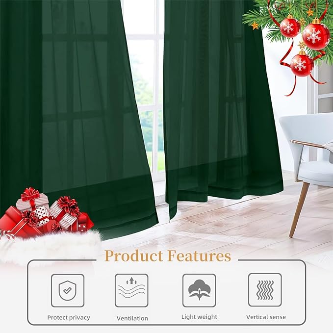 Sheer Curtains 45 Inches Long 2 Panels, Rod Pocket Short Curtain for Kitchen, Bedroom, Cafe Window(Foliage Green 38" W x 45" L)