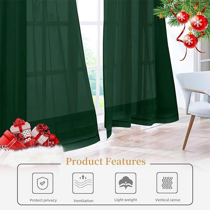 Sheer Curtains 45 Inches Long 2 Panels, Rod Pocket Short Curtain for Kitchen, Bedroom, Cafe Window(Foliage Green 38" W x 45" L)