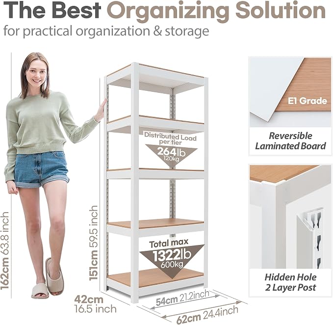 HOMEDANT House 5 Tier 24.4" W Laminated Metal Shelving Unit Adjustable Storage - Image 2
