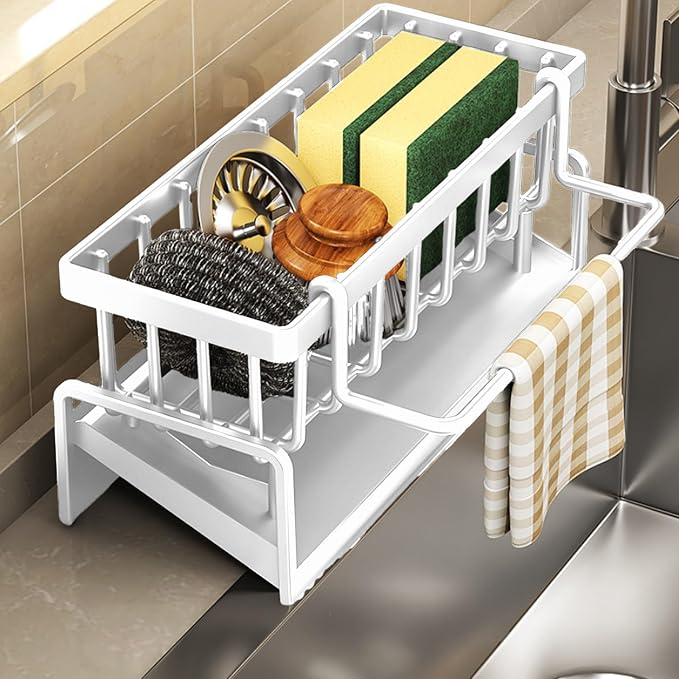 Kitchen Sink Organizer with Drain Tray, Sponge Holder, Brush Storage, - Image 3