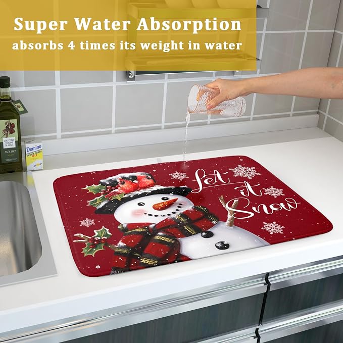 Christmas Dish Drying Mat for Kitchen Counter Snowman Let It Snow Microfiber - Image 7
