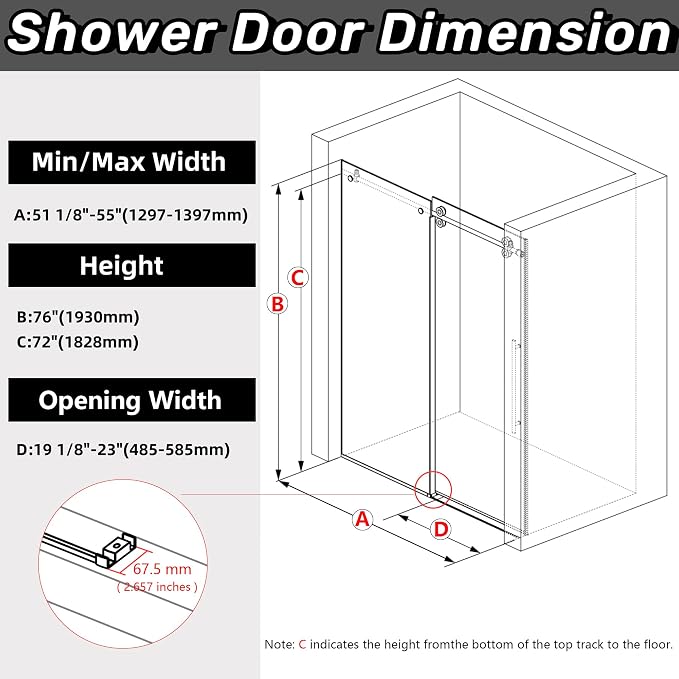 Sunrosa Frameless Shower Door, 51-55" W x 76" H Sliding Shower Door - Image 6