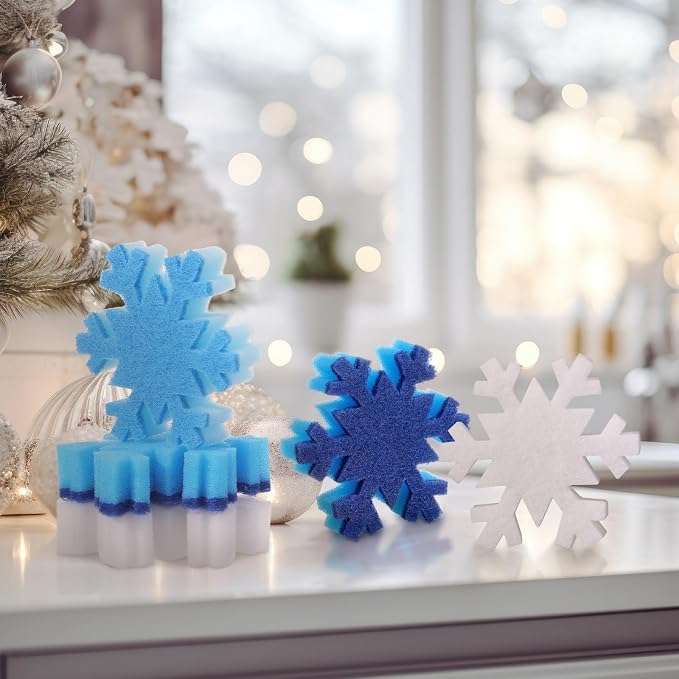 Tioncy 12 Pack Christmas Snowflake Sponges Bulk White Blue Dual Sided Scrubber - Image 2