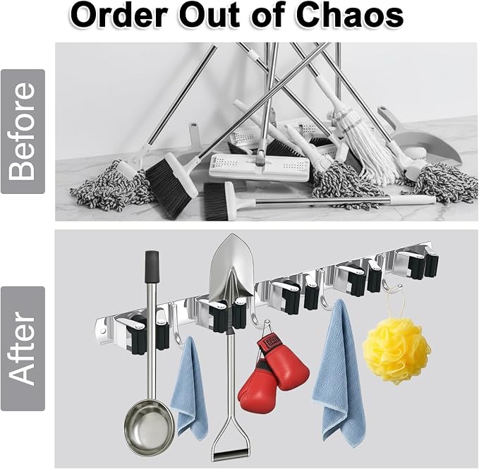 2 Packs 5 Racks and 4 Hooks Mop and Broom Holder Wall Mount, SUS304 Heavy Duty - Image 5