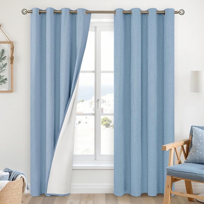 YoungsTex Light Blue Linen 100% Blackout Curtains 84 Inch Length by YoungsTex