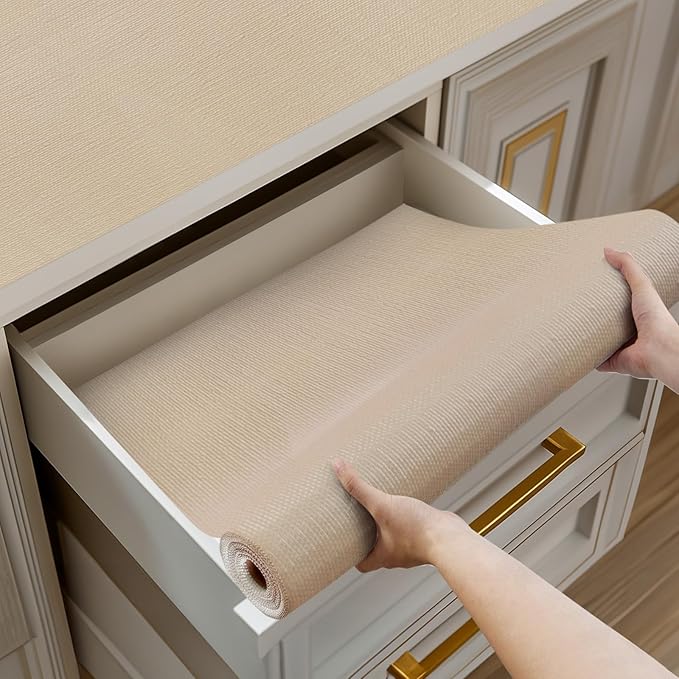 Shelf and Drawer Liner for Kitchen Cabinets Non-Adhesive, Strong Grip Non-Slip Thickened Cabinet Liners for Shelves, Waterproof Mats for Dresser Cupboard, Khaki, 17 in x 10 Feet