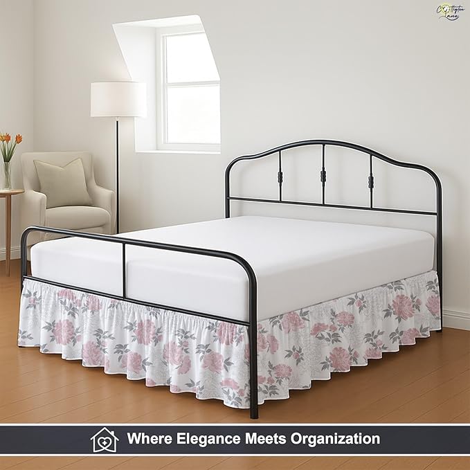 Cottington Lane Ruffled Bed Skirt King Size with Split Corner, Brushed Microfiber Hotel Quality Dust Ruffle, 21 Inch Drop Gathered Bedskirt, Soft, Stylish, Shrink & Fade Resistant, Blush Petals
