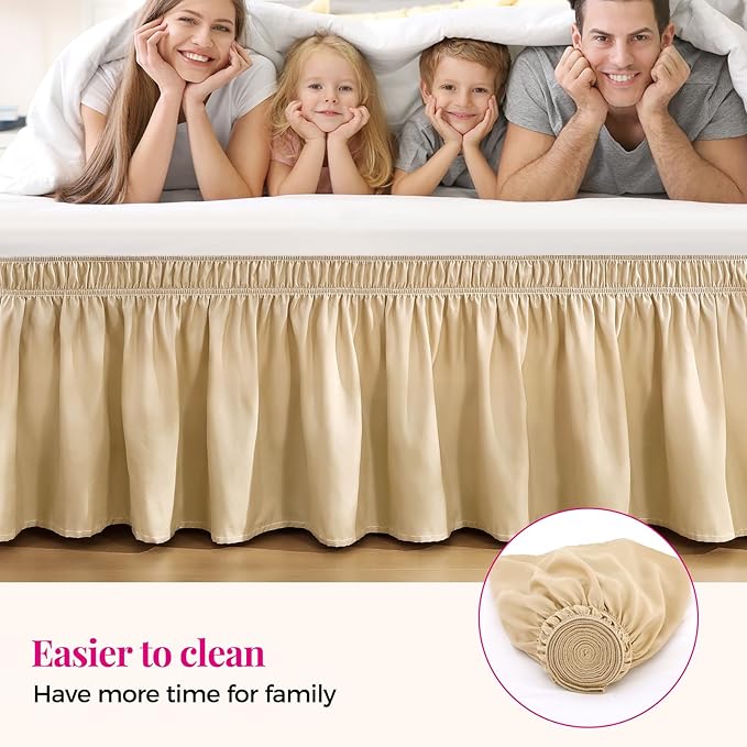 RIMELA Beige Bed Skirt King Size 18 Inch Drop, Wrap Around Elastic Bedskirt, Dust Ruffle for Adjustable Bed Base Machine Washable Easy to Install Bed Skirts