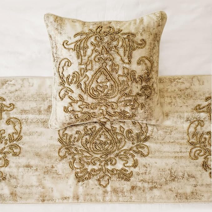 The HomeCentric King/Queen/Twin Ivory & Gold Decorative King 90"x18" Bed Runner Without Pillow Cover, Beaded & Foil Bed Scarf on Silk Fabric - Foil Damask Gold
