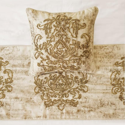 The HomeCentric King/Queen/Twin Ivory & Gold Decorative Queen 74"x18" Bed Runner Without Pillow Cover, Beaded & Foil Bed Scarf on Silk Fabric - Foil Damask Gold