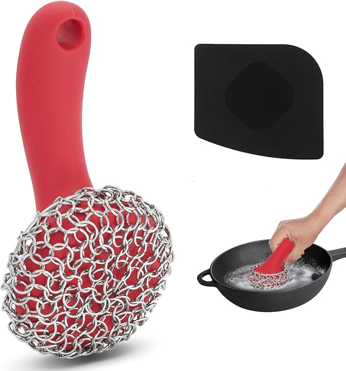 Cast Iron Scrubber with Long Handle | 316 Cast Iron Cleaner Chainmail Scrubber by TMEDW