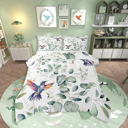 Erosebridal Cartoon Hummingbird Full Comforter Set Toddler Wildlife Bird Bedding Set Full, Plant Bedding Comforter Sets Eucalyptus Leaf Duvet Set, Jungle Animal Theme Quilted Comforter Kids Room Decor