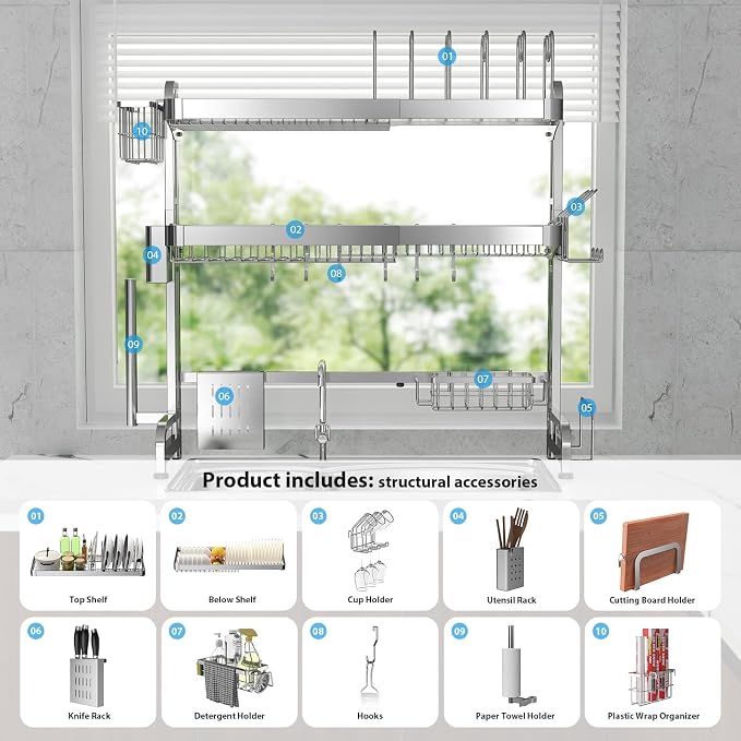 Over The Sink Dish Drainer Drying Rack, Full Stainless Steel 3-Tier Adjustable - Image 6